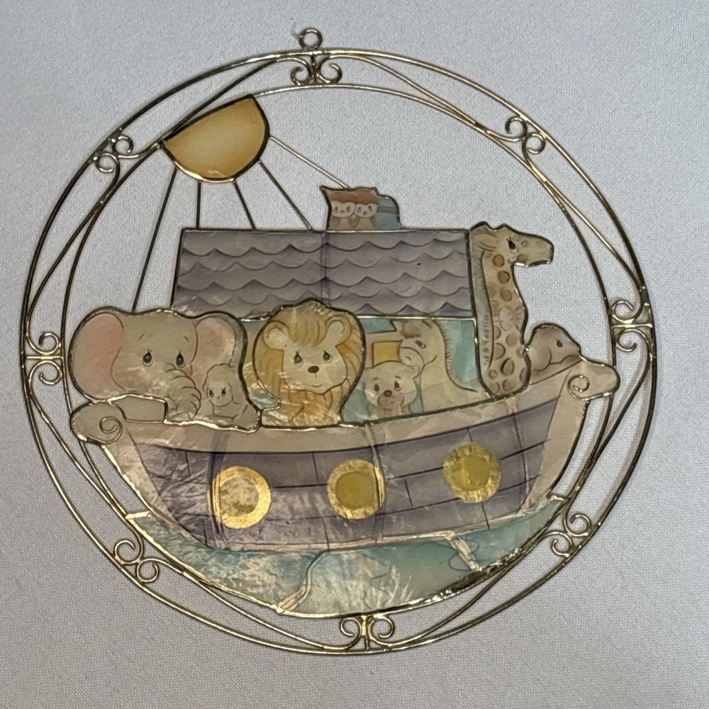 Vintage Noah's Ark Faux Stained Glass‎ Wall Hanging Nursery Decor Baby Animals